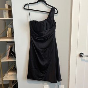 Rickie Freeman Teri Jon Elegant One-Shoulder Silk Black Dress